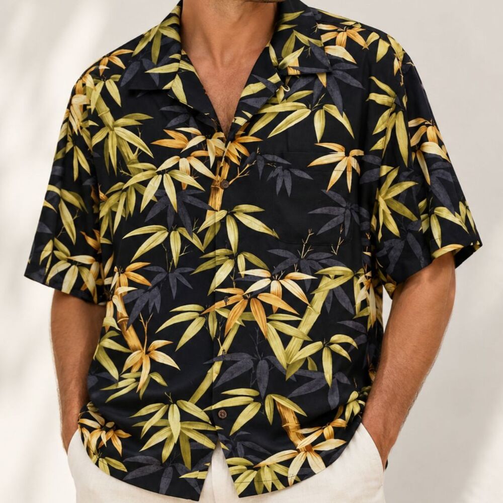 Tommy Bahama Black Silk Camp Shirt Gold Green Tropical Bamboo Short Sleeve L